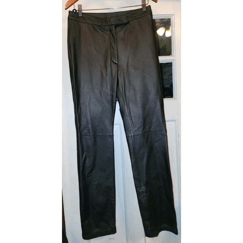 VTG Boutiue Europa Women Genuine Black Leather Sz 10 TALL Pants Straight Leg Y2K